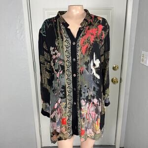 CITRON Santa Monica Women's Blouse 3X Silk Button Asian Shirt Top Crane A3-25